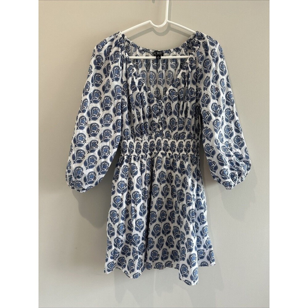 J Crew V Neck Mini Dress Women’s XS Bouquet Block Print Blue White Lined Pockets